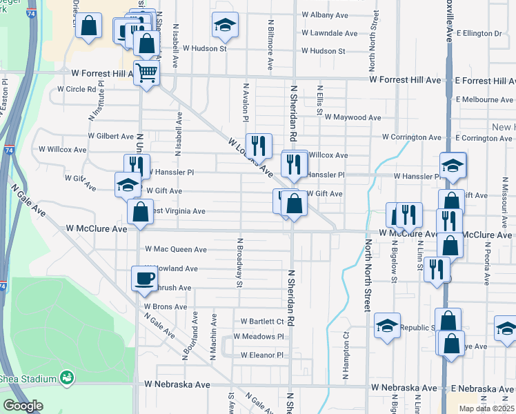 map of restaurants, bars, coffee shops, grocery stores, and more near 809 W Virginia Ave in Peoria