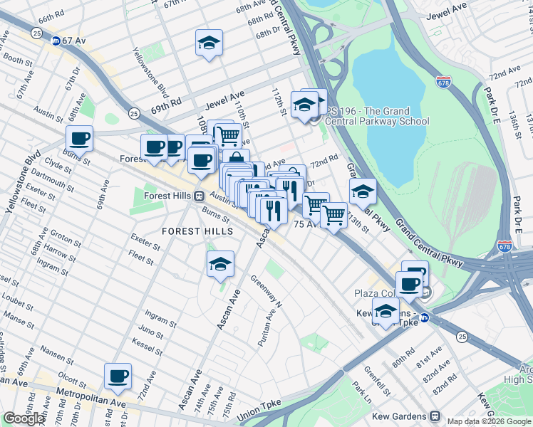 map of restaurants, bars, coffee shops, grocery stores, and more near 72-55 Austin Street in Queens