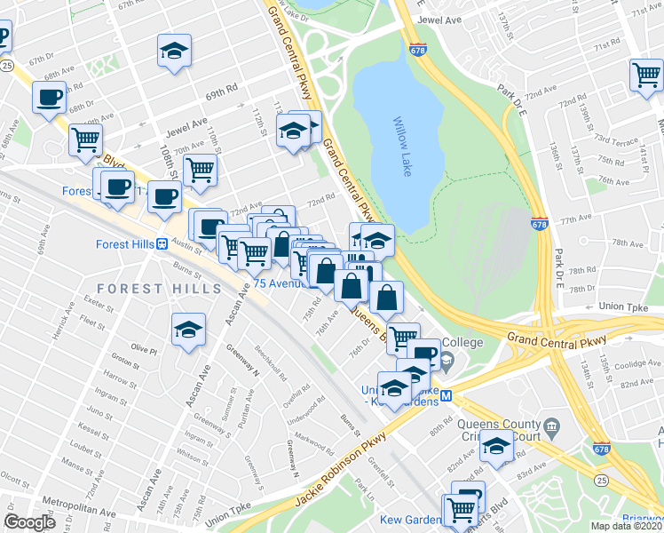 map of restaurants, bars, coffee shops, grocery stores, and more near 7502 113th Street in Queens