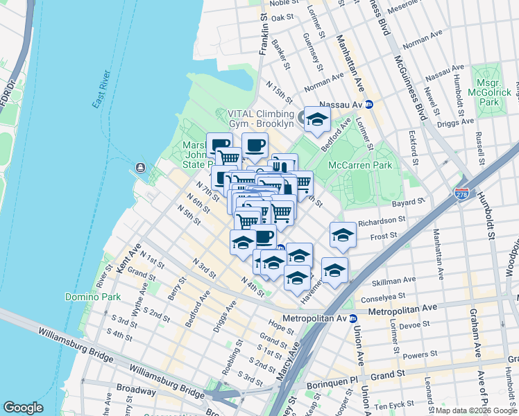 map of restaurants, bars, coffee shops, grocery stores, and more near 143 North 8th Street in Brooklyn
