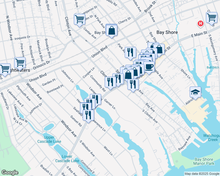 map of restaurants, bars, coffee shops, grocery stores, and more near 9 North Clinton Avenue in Bay Shore