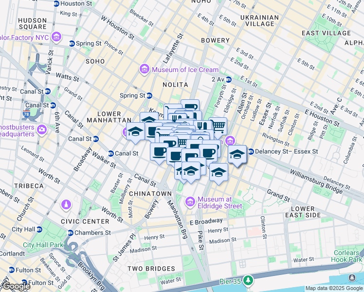 map of restaurants, bars, coffee shops, grocery stores, and more near 143 Bowery in New York