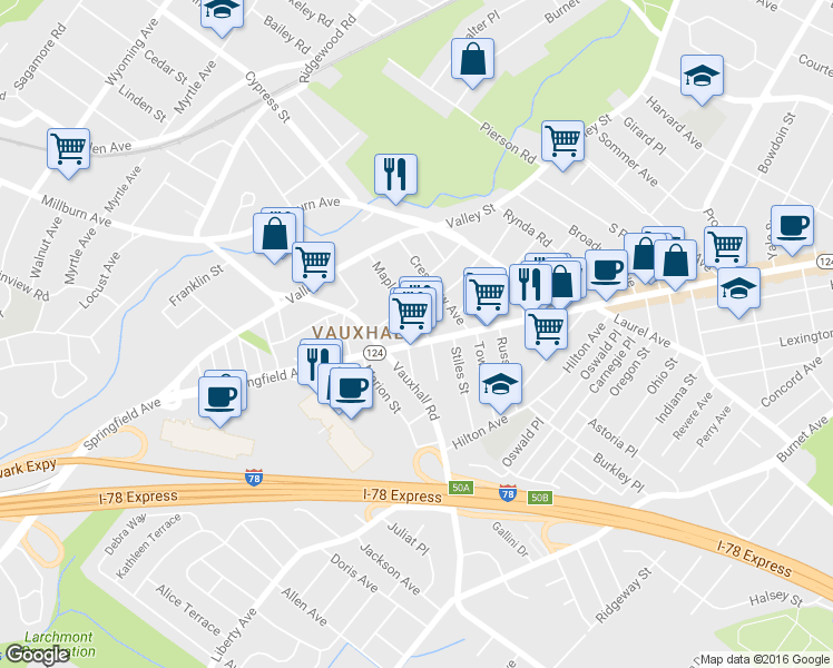 map of restaurants, bars, coffee shops, grocery stores, and more near 2174 Springfield Ave in Union