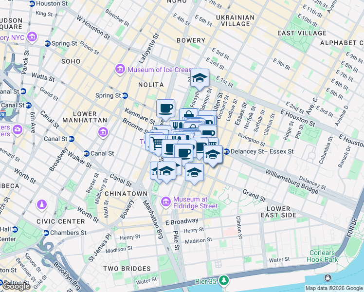 map of restaurants, bars, coffee shops, grocery stores, and more near 300 Broome Street in New York