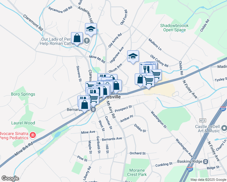 map of restaurants, bars, coffee shops, grocery stores, and more near 22 Morristown Road in Bernardsville