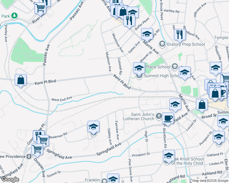 map of restaurants, bars, coffee shops, grocery stores, and more near 135 West End Avenue in Summit