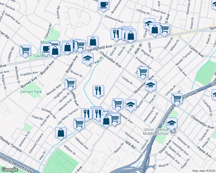map of restaurants, bars, coffee shops, grocery stores, and more near 181 40th Street in Irvington
