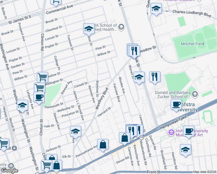 map of restaurants, bars, coffee shops, grocery stores, and more near 296 Westbury Boulevard in Hempstead