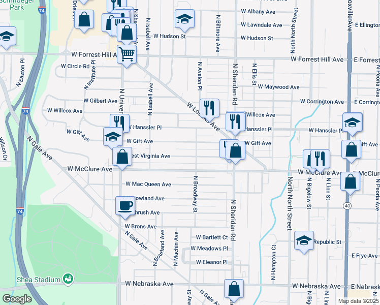 map of restaurants, bars, coffee shops, grocery stores, and more near 903 West Virginia Avenue in Peoria