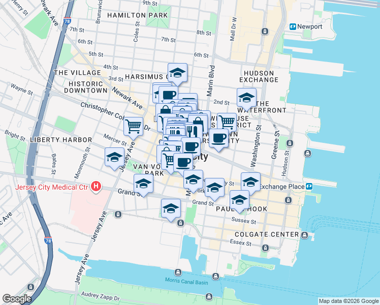 map of restaurants, bars, coffee shops, grocery stores, and more near 95 Christopher Columbus Drive in Jersey City