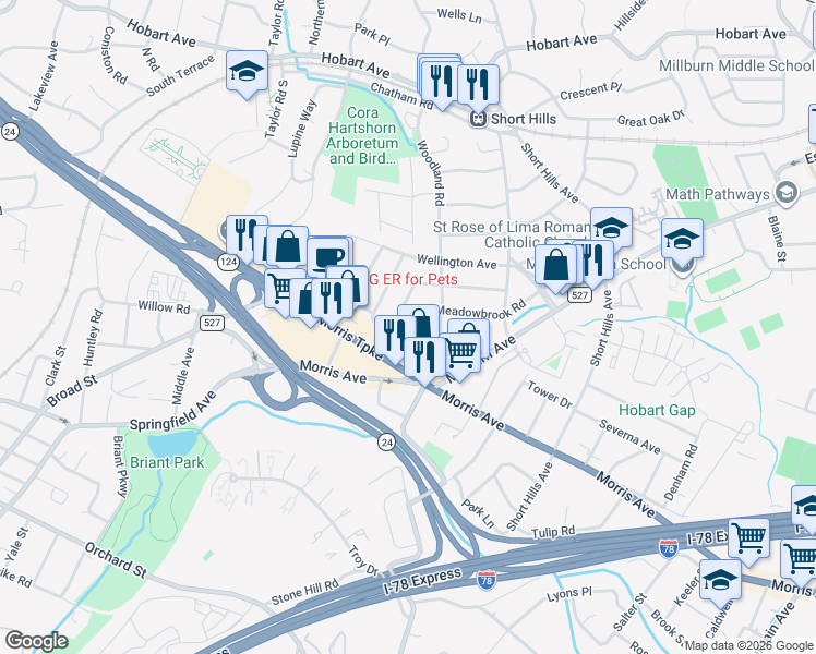 map of restaurants, bars, coffee shops, grocery stores, and more near 15 Meadowbrook Road in Essex County