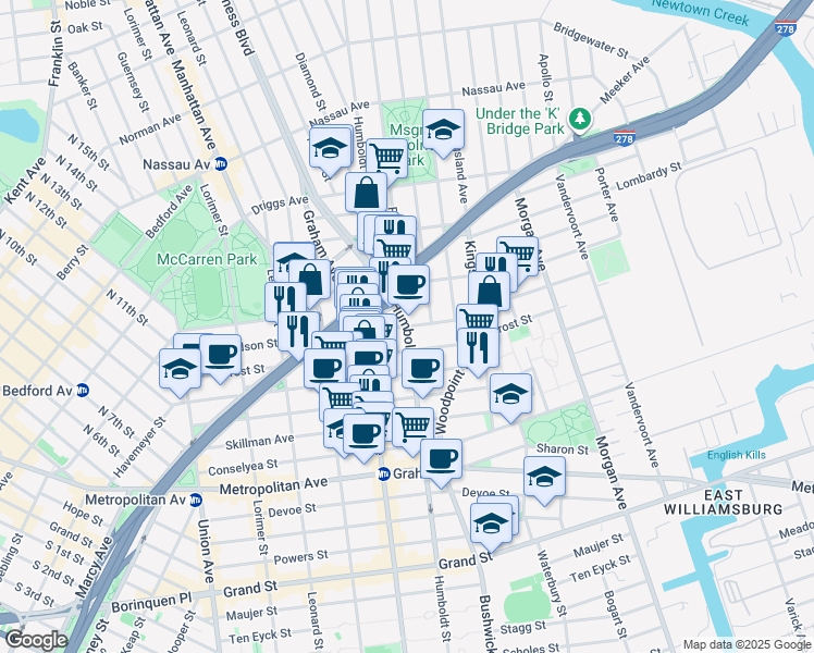 map of restaurants, bars, coffee shops, grocery stores, and more near Humboldt Street & Richardson Street in Brooklyn