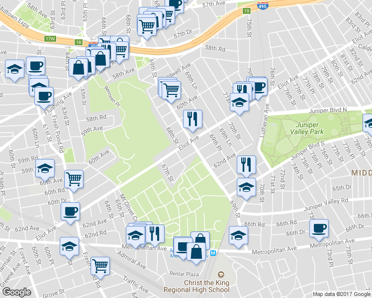 map of restaurants, bars, coffee shops, grocery stores, and more near 68-22 Eliot Avenue in Queens