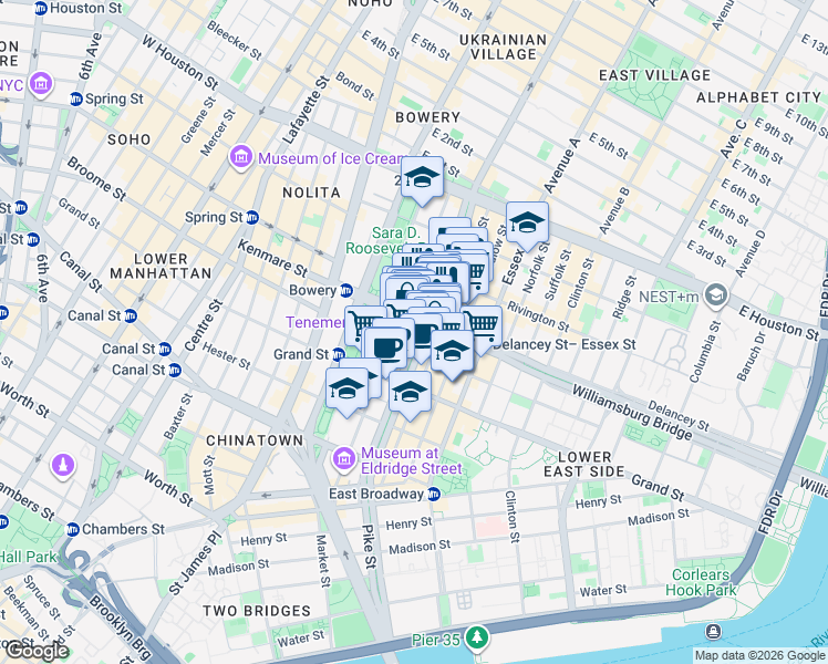 map of restaurants, bars, coffee shops, grocery stores, and more near 101 Allen Street in New York