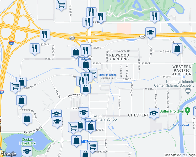 map of restaurants, bars, coffee shops, grocery stores, and more near 2397 Red Bur Court in West Valley City