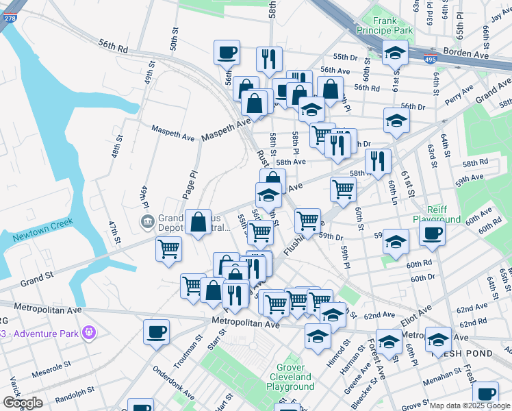 map of restaurants, bars, coffee shops, grocery stores, and more near 58-60 57th Street in Queens