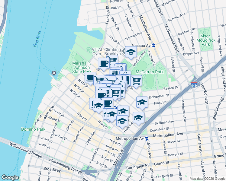 map of restaurants, bars, coffee shops, grocery stores, and more near North 9th Street in Brooklyn