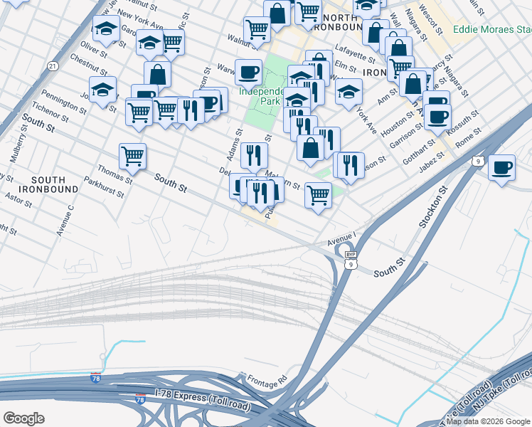 map of restaurants, bars, coffee shops, grocery stores, and more near 174-184 Clifford Street in Newark