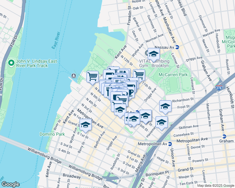 map of restaurants, bars, coffee shops, grocery stores, and more near 110 Berry Street in Brooklyn