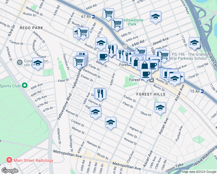 map of restaurants, bars, coffee shops, grocery stores, and more near 68-59 Exeter Street in Queens