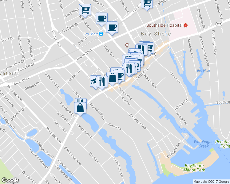 map of restaurants, bars, coffee shops, grocery stores, and more near 16 Bay Avenue in Bay Shore