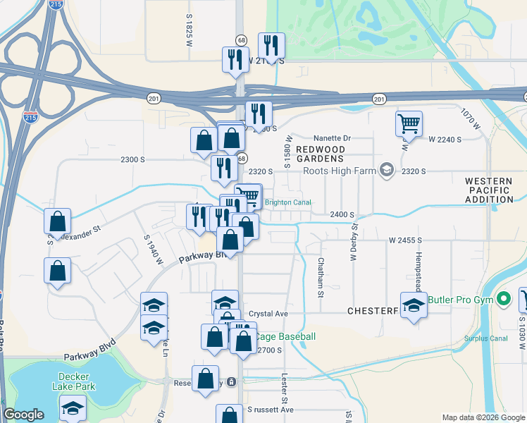map of restaurants, bars, coffee shops, grocery stores, and more near 2397 Big Village Court in West Valley City