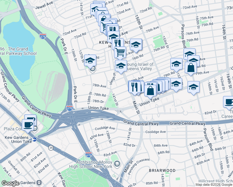 map of restaurants, bars, coffee shops, grocery stores, and more near 141-21 78th Road in Queens