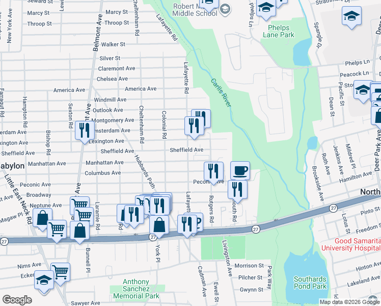 map of restaurants, bars, coffee shops, grocery stores, and more near 360 Sheffield Avenue in West Babylon