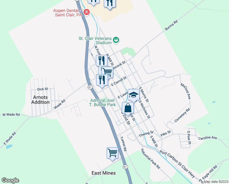 map of restaurants, bars, coffee shops, grocery stores, and more near 33 -35 North 2nd Street in Saint Clair