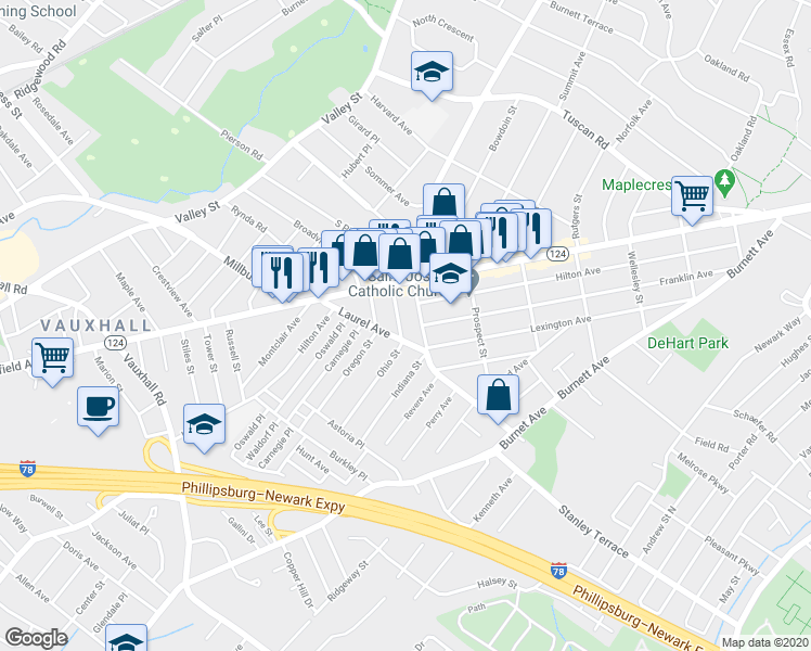 map of restaurants, bars, coffee shops, grocery stores, and more near 34 Ohio Street in Maplewood