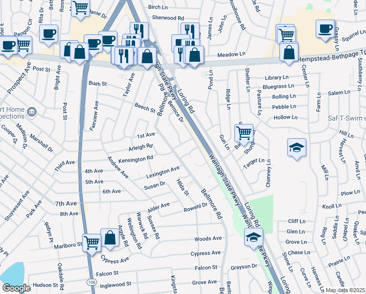 map of restaurants, bars, coffee shops, grocery stores, and more near 2722 Sheila Court in East Meadow