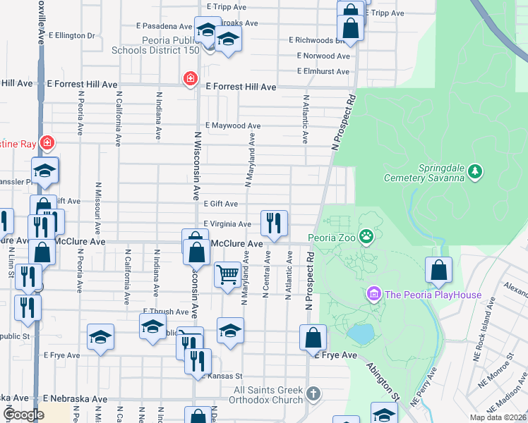 map of restaurants, bars, coffee shops, grocery stores, and more near 1018 East Gift Avenue in Peoria