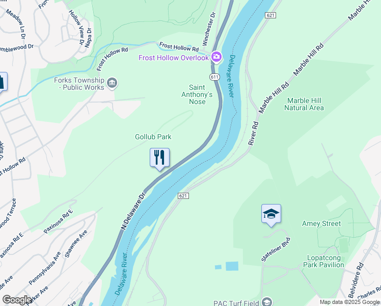 map of restaurants, bars, coffee shops, grocery stores, and more near 1770 North Delaware Drive in Easton