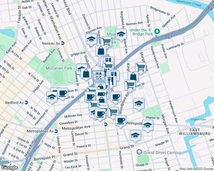 map of restaurants, bars, coffee shops, grocery stores, and more near 177 Richardson Street in Brooklyn