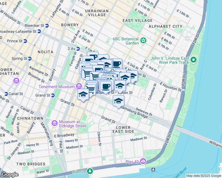 map of restaurants, bars, coffee shops, grocery stores, and more near 107 Suffolk Street in New York
