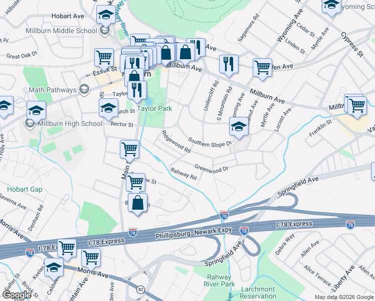 map of restaurants, bars, coffee shops, grocery stores, and more near 66 Undercliff Road in Essex County