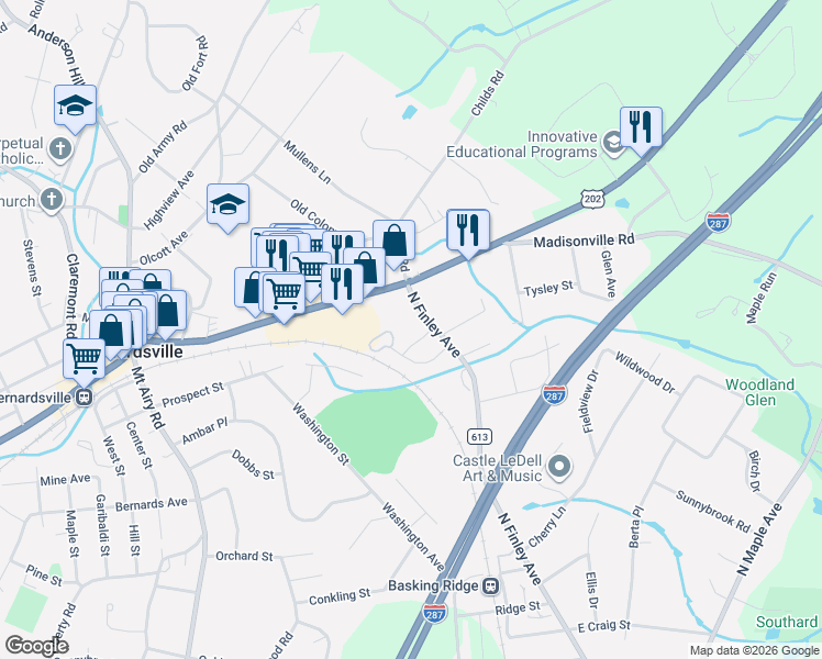 map of restaurants, bars, coffee shops, grocery stores, and more near 17 Fox Hollow Trail in Bernardsville