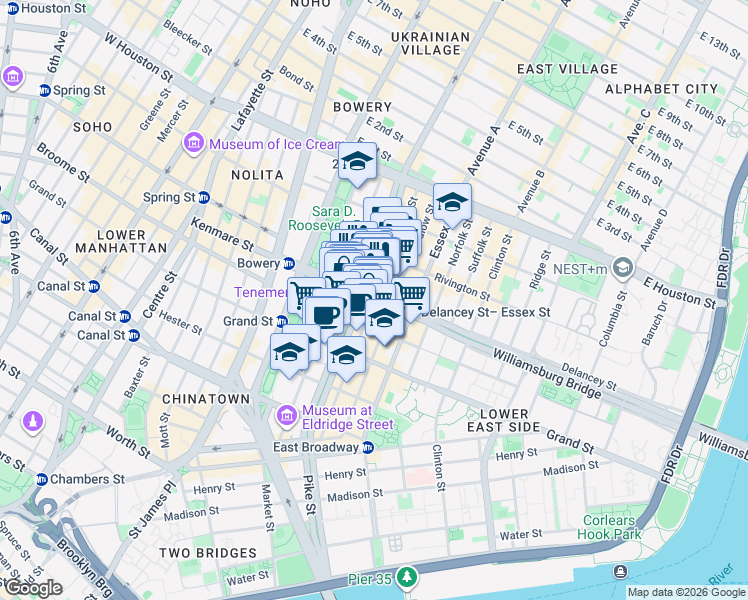 map of restaurants, bars, coffee shops, grocery stores, and more near Delancey St & Orchard St in New York
