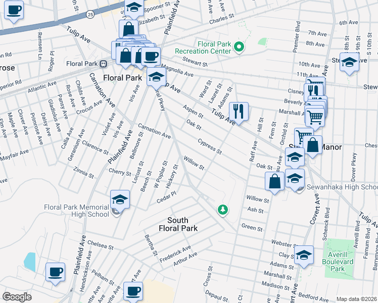 map of restaurants, bars, coffee shops, grocery stores, and more near 286 Carnation Avenue in Floral Park