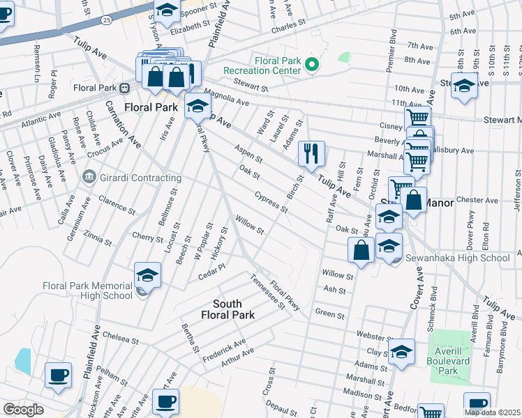 map of restaurants, bars, coffee shops, grocery stores, and more near 323 Carnation Avenue in Floral Park