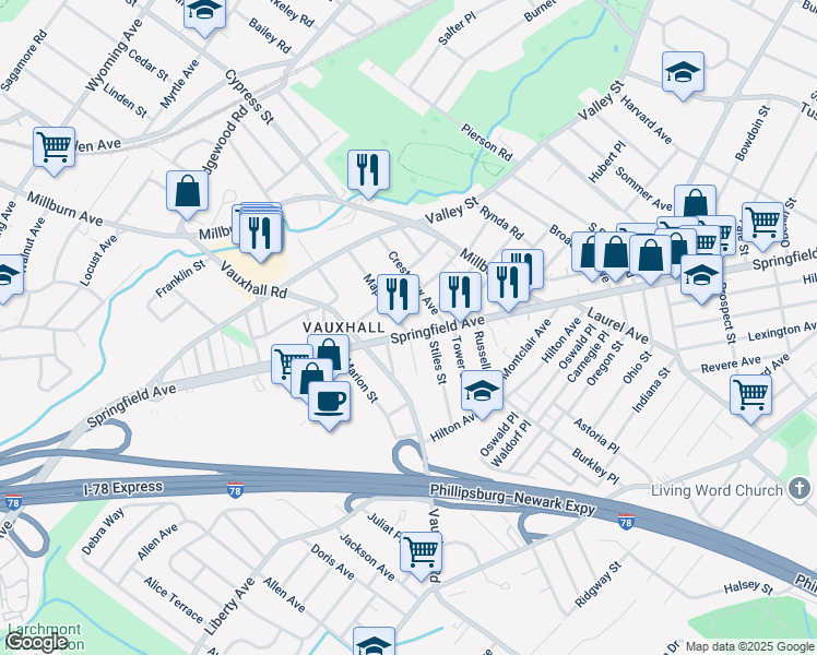 map of restaurants, bars, coffee shops, grocery stores, and more near 2174 Springfield Avenue in Union