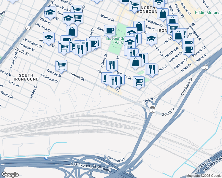 map of restaurants, bars, coffee shops, grocery stores, and more near 392 South Street in Newark