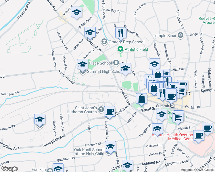 map of restaurants, bars, coffee shops, grocery stores, and more near 73 Kent Place Boulevard in Summit