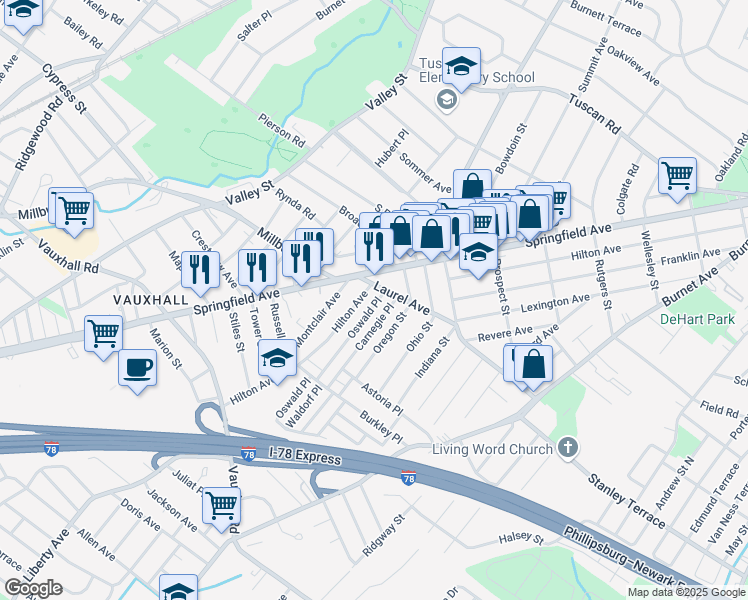 map of restaurants, bars, coffee shops, grocery stores, and more near 366 Oswald Place in Union