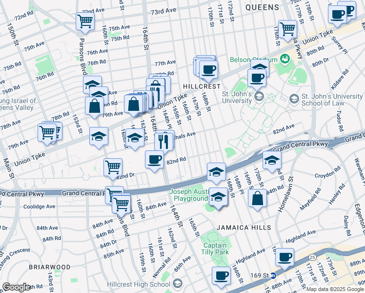 map of restaurants, bars, coffee shops, grocery stores, and more near 82-22 165th Street in Queens