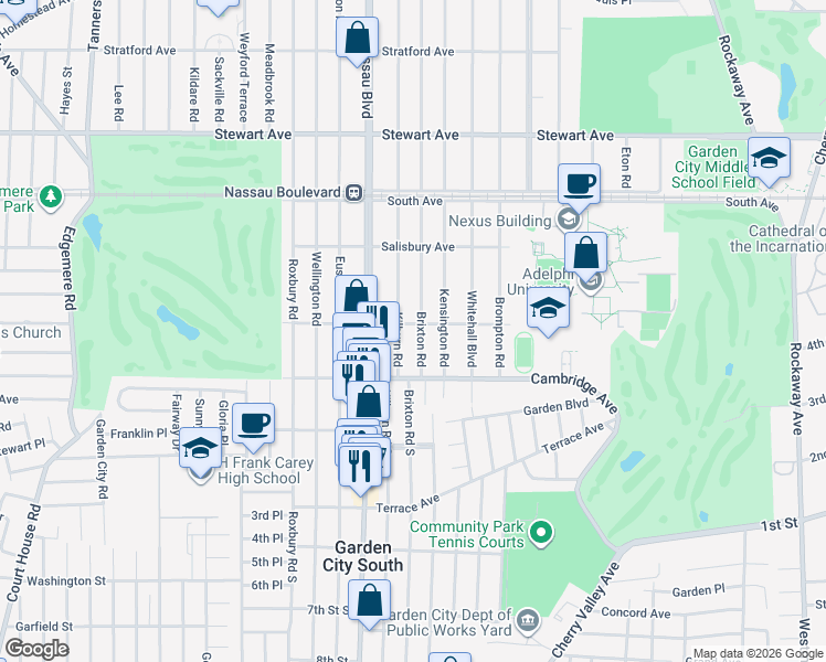 map of restaurants, bars, coffee shops, grocery stores, and more near 120 Chester Avenue in Garden City