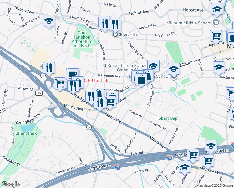 map of restaurants, bars, coffee shops, grocery stores, and more near 56 Meadowbrook Road in Essex County