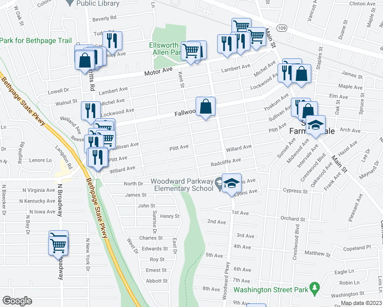 map of restaurants, bars, coffee shops, grocery stores, and more near 50 Kent Street in Farmingdale