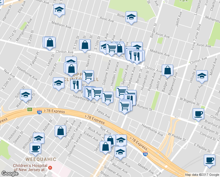 map of restaurants, bars, coffee shops, grocery stores, and more near 93 Hedden Terrace in Newark