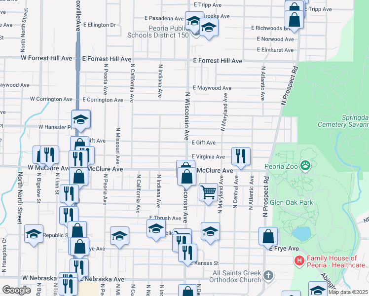 map of restaurants, bars, coffee shops, grocery stores, and more near 2611 North Wisconsin Avenue in Peoria